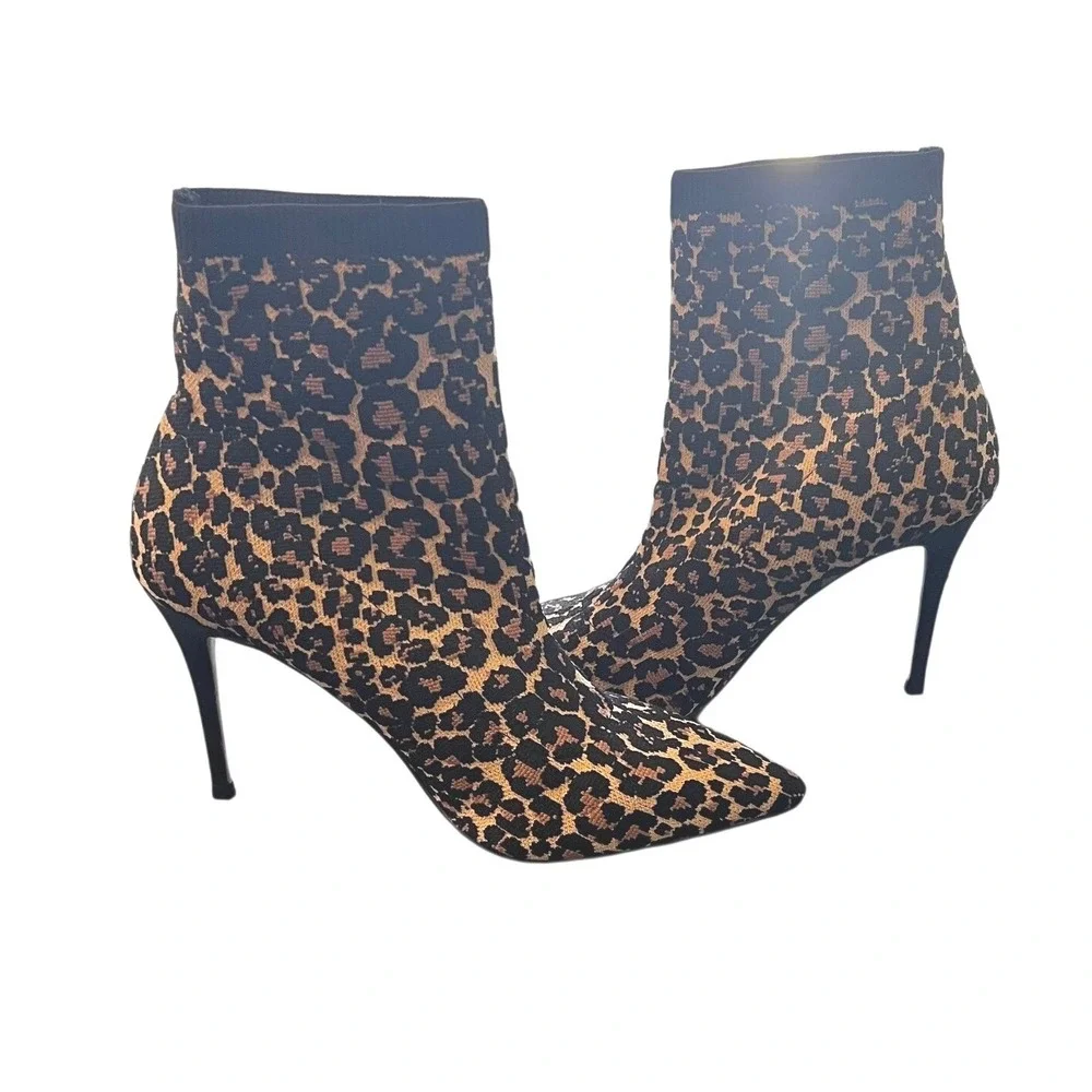 Something Navy Leopard Print Knit Sock Booties Pointed Toe Stiletto Heels Size 9